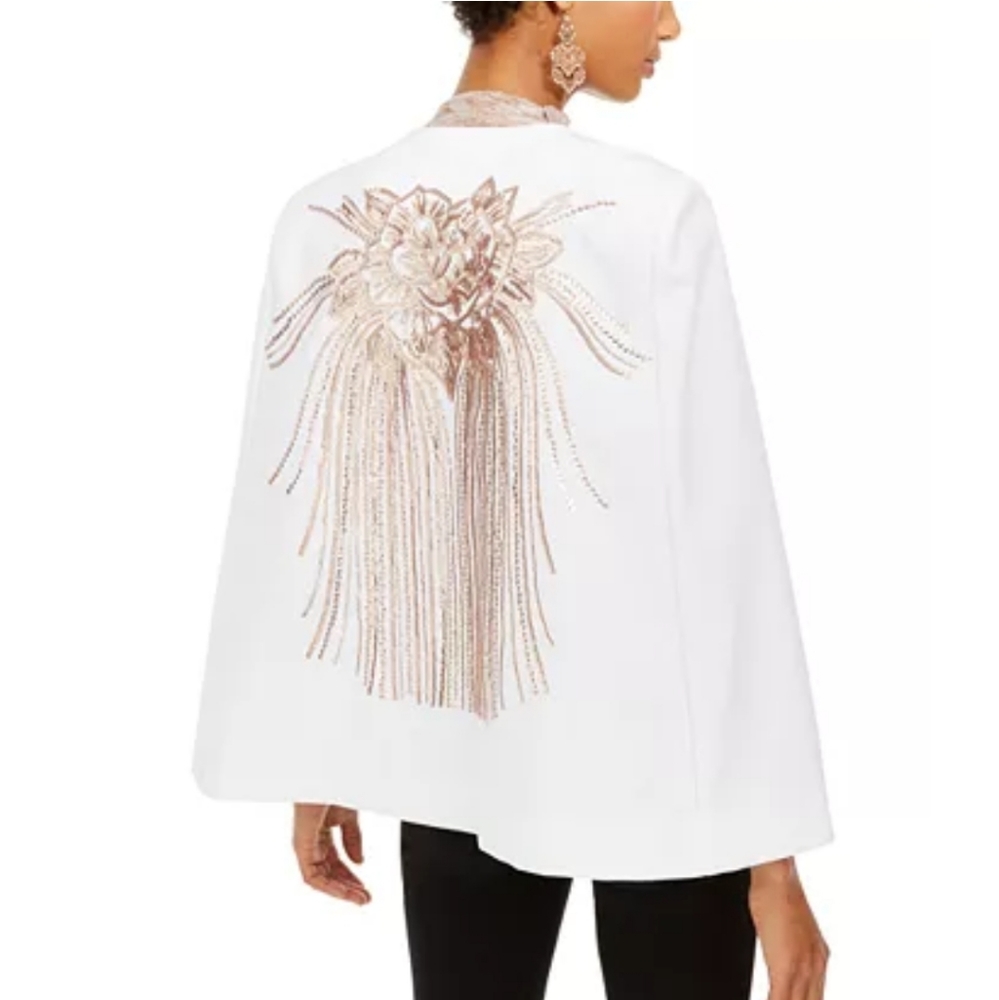 White Embellished Sequined-Back  Cape Jacket